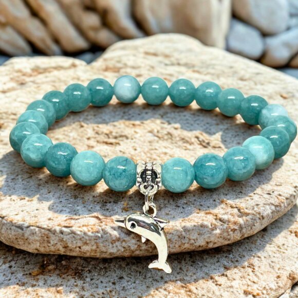 Blue Larimar Gemstone Charm Bracelet - 8mm Stretchy Crystal Jewelry - Picture 1 of 6